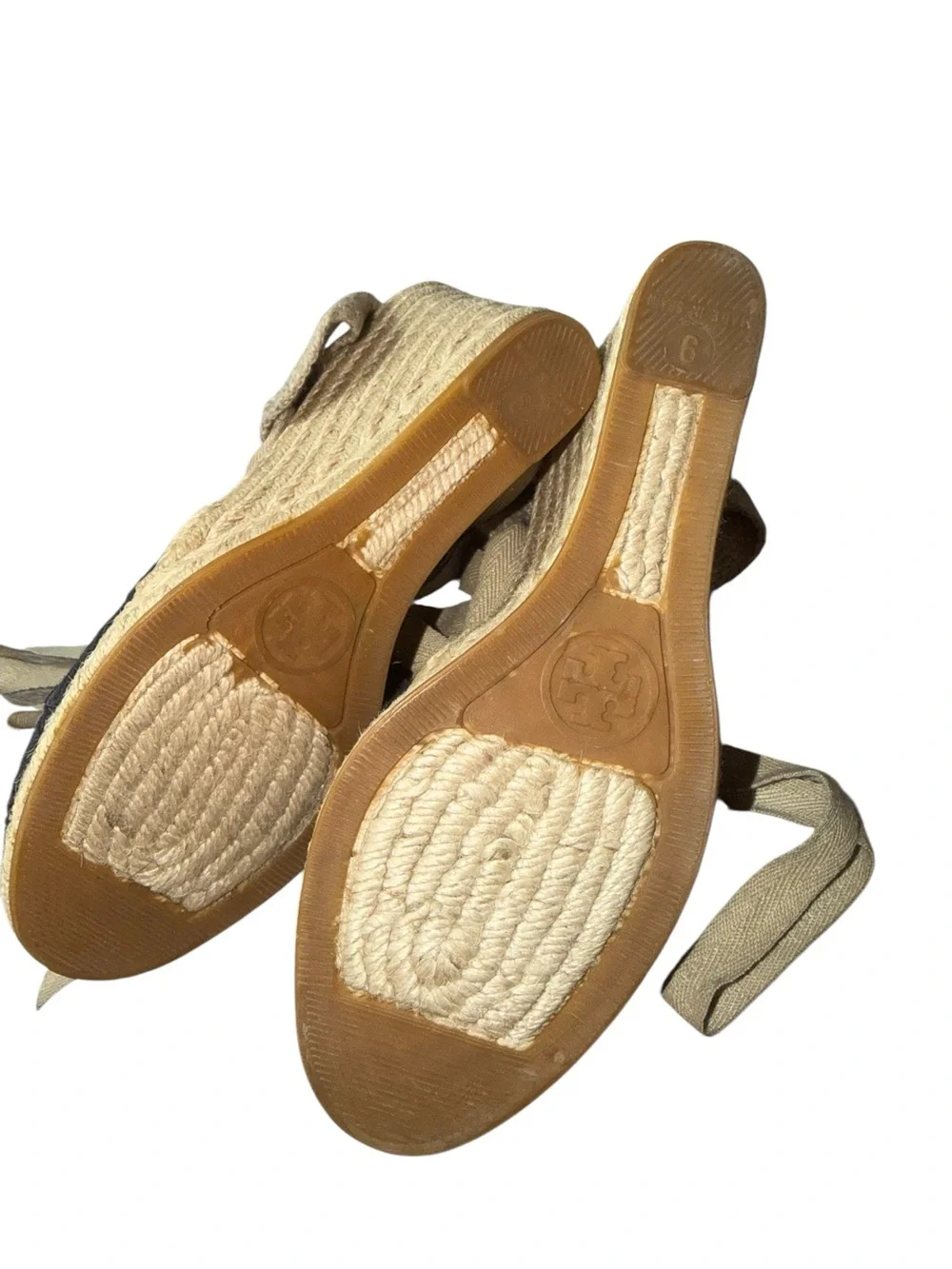 Tory Burch Black Floral Appliqué Espadrille Wedges with Natural Ties